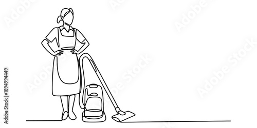 A professional cleaner stands ready for work with a vacuum in one continuous line drawing Vector, illustration