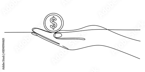 A single continuous line drawing of a hand holding a dollar coin, symbolizing finance and investment Vector, illustration