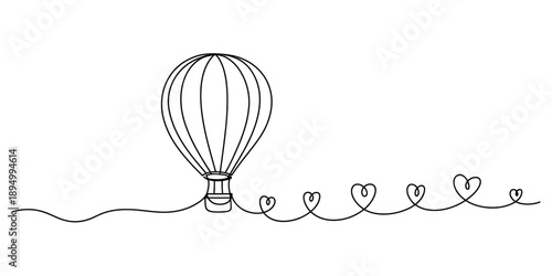 Single continuous line drawing of a hot air balloon flying high with a trail of hearts Vector, illustration