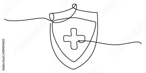 Continuous line drawing of a shield with a medical cross representing health protection Vector, illustration