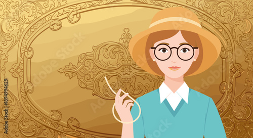 Woman in hat and glasses holding a golden string against ornate golden background