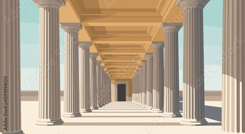 Grand colonnade with doric columns receding into the distance under a clear sky