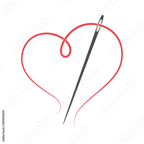 Needle with thread in a shape of the heart. Hand sewing symbol. Sign isolated on white background. Vector illustration