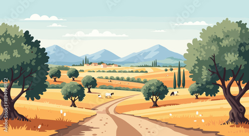 Idyllic Tuscan landscape with rolling hills, olive trees, and grazing sheep