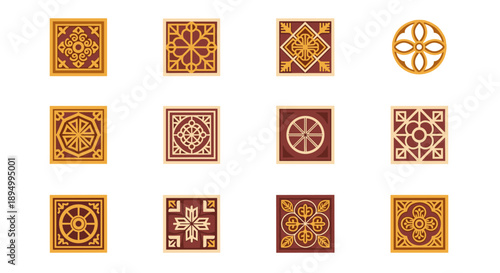 Collection of twelve decorative geometric and floral patterns in square frames