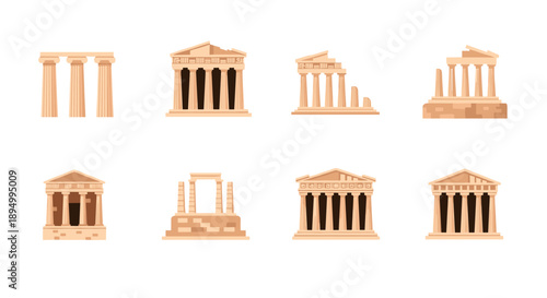 Collection of ancient Greek temple ruins and architectural elements in flat design style
