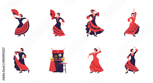 Collection of flamenco dancers in traditional dresses performing with fans and skirts