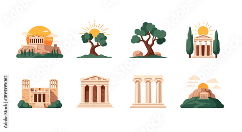 Collection of ancient Greek architectural elements and natural landscapes with sun