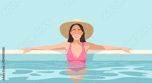 Woman in pink swimsuit and sun hat relaxing in a swimming pool on a sunny day