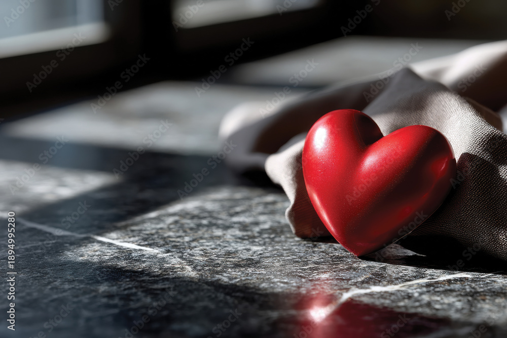 Fototapeta premium A vibrant red heart rests on a softly folded fabric, illuminated by gentle light that highlights its glossy surface and creates a serene and affectionate atmosphere.