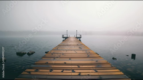 Wallpaper Mural Wooden pier foggy lake calm water misty morning serene landscape minimal scene quiet mood symmetry horizon overcast sky tranquil scene empty dock still reflection peaceful mood vanishing point leads Torontodigital.ca