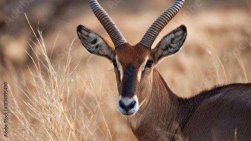A brown antelope with long ridged horns standing in dry grassland. Concept Brown antelope, Long ridged horns, Dry grassland, Wildlife portrait, Arid landscape