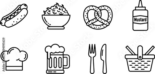 National Kraut and Frankfurter Week icon set with hot dog and beer