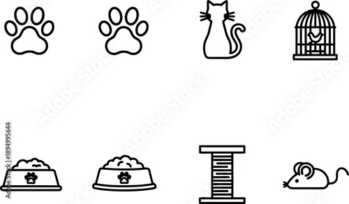 Love Your Pet Day icons: paw prints, cat, birdcage, food bowls, scratching post