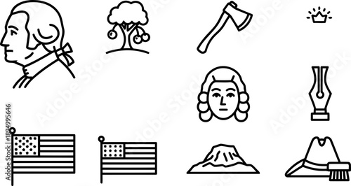 Washington's Birthday icon set featuring historical figures and symbols