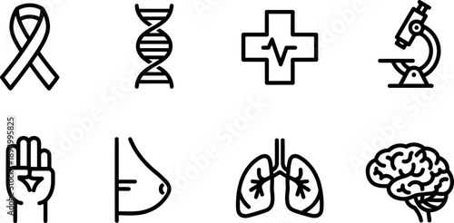 World Cancer Day medical icons set with DNA, lungs, and brain