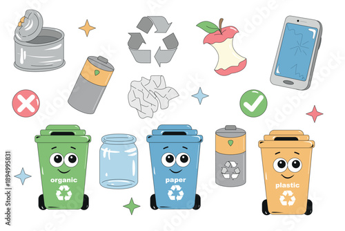 Flat vector illustration of waste recycling collection set. Colorful cute trash bins characters for organic, paper, and plastic. Icons of battery, glass jar, crumpled paper, apple core, and broken pho