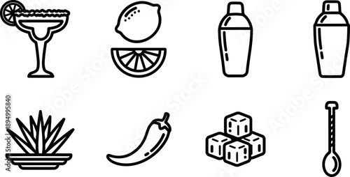 National Margarita Weekend icons collection with lime, chili and tequila