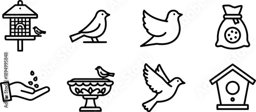 Feed the Birds Day icon set with bird feeder, hand feeding birds and birdhouse