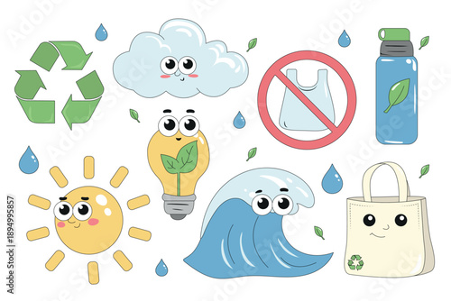 Sustainable lifestyle characters set. Cute icons of renewable energy, water conservation, and zero waste symbols. Environmental protection concept for kids, eco-friendly education, flat vector illustr
