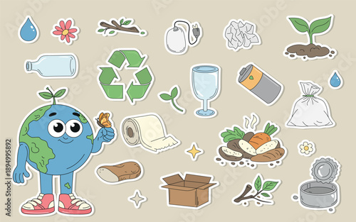Ecology stickers collection. Cute Earth mascot with environmental icons: organic waste, recycling sign, paper, glass, and electronic waste. Sustainable lifestyle concept, educational material for kids