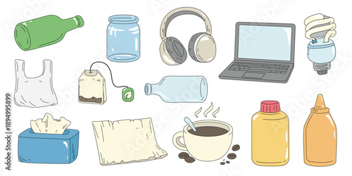 Household and electronic waste collection. Set of icons for recycling including computer, e-waste, glass jars, paper, and organic scraps. Environmental protection, sustainable lifestyle, flat vector i