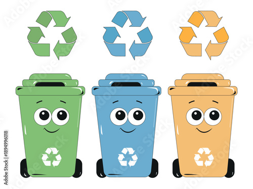 Cute waste bin characters for recycling. Colorful containers with funny faces and recycling signs. Ecology concept, waste sorting for kids, environmental conservation, flat vector illustration