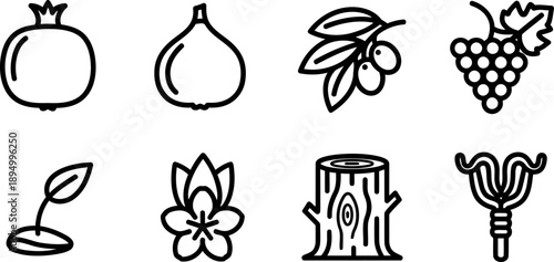 Tu Bishvat holiday icons: seven species, sapling, flower, stump, shofar