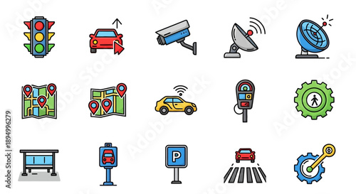 Collection of smart city technology and transportation icons.