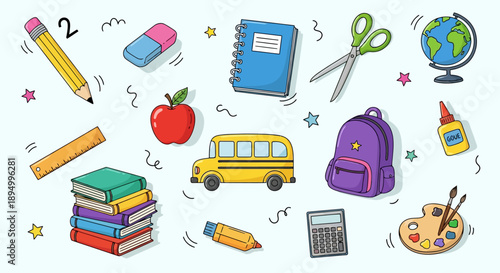 Collection of school supplies and educational items.