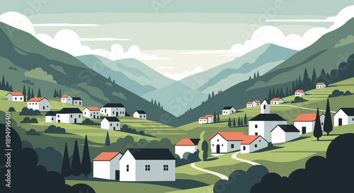 Charming village nestled in rolling green hills with distant mountain ranges and a clear sky