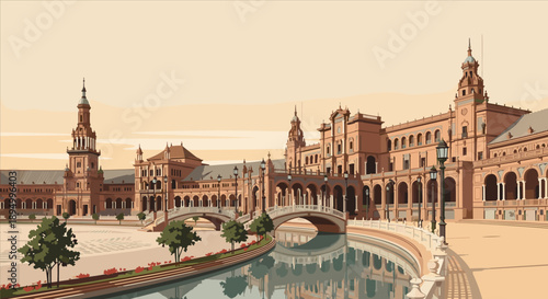 Plaza de Espana in Seville, Spain, with its iconic architecture and canal