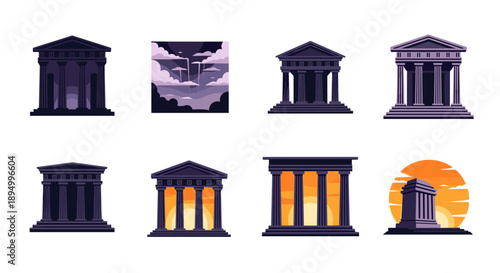 Collection of ancient Greek temples and mythological landscapes in a dark, stylized art style