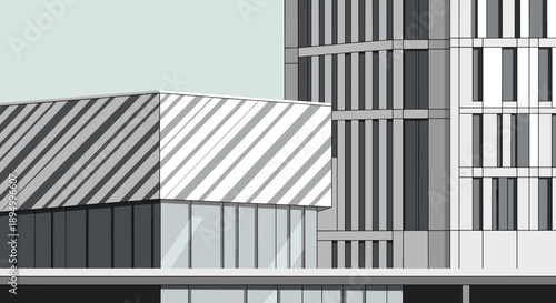 Modern architectural design with geometric patterns on building facades