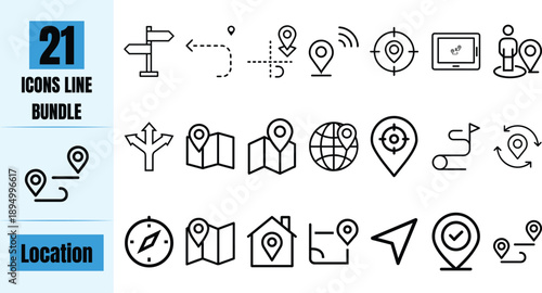 Location Line Icon Set  Map, GPS, Navigation and Direction Outline Symbols