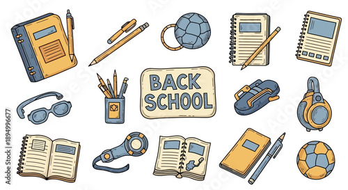 Collection of school supplies and sports equipment for education.