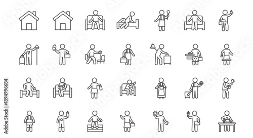 Collection of Simple Line Art Icons Representing People and Activities.