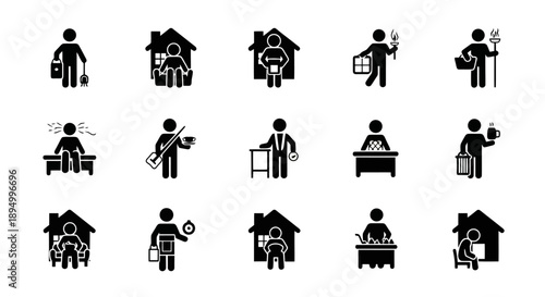 Collection of Simple Stick Figure Icons Representing Various Human Activities.