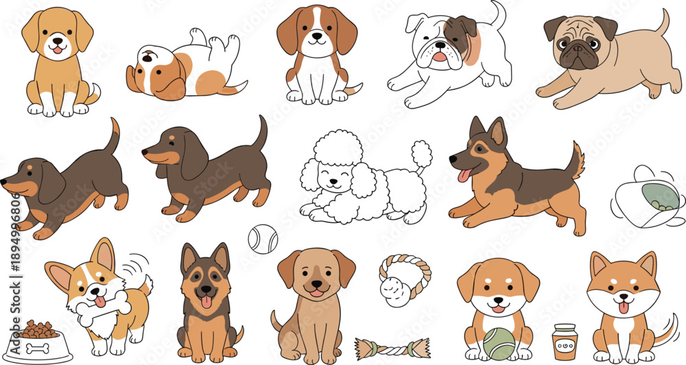 Obraz premium Cute dog breed collection with puppies playing sitting eating and holding toys adorable cartoon pet illustration set