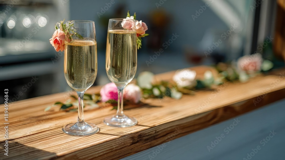 Obraz premium Two champagne flutes with sparkling wine on a wooden counter, each adorned with pink flowers. Concept Champagne Toast, Floral Accents, Rustic Wood Counter, Pink Flower Decor, Elegant Celebration