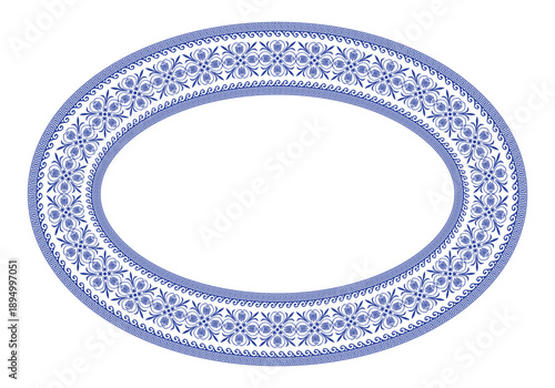 Beautiful oval frame arabesques. Golden blue plate with Greek key, wave, stylized floral pattern. Vintage, ethnic vector frame EPS. Pattern frame for ellipse surfaces, textiles, embroidery, porcelain