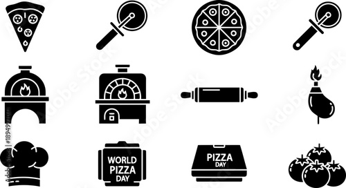 World Pizza Day icon set with pizza, oven, and chef hat vector graphics