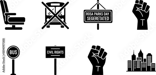 Rosa Parks Day icons: civil rights, segregation, protest, and activism