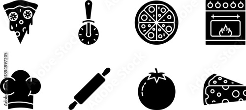 National Pizza Day icon set with pizza slice, chef hat and oven