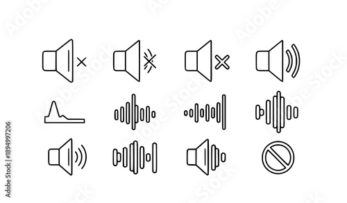 Speaker volume icon set flat rounded UI sound control vector symbols isolated on white