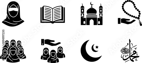 World Hijab Day diversity icons collection black and white vector