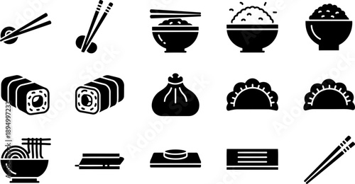 National Chopsticks Day icon set with Japanese food