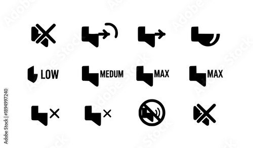 A flat vector icon set of speaker and volume symbols arranged in a neat grid on a solid white background. The set includes mute icon, unmute icon, low volume, medium volume, maximum volume, no sound s