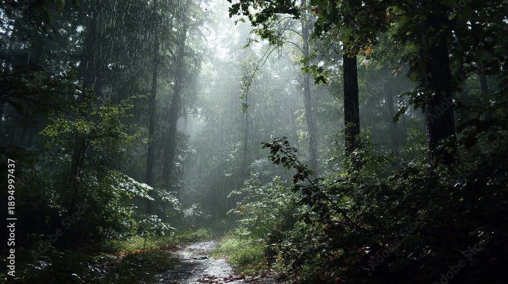 Obraz premium Rain falling through dense forest along a quiet woodland path