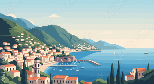 Charming coastal town nestled on a green mountainside overlooking a serene blue bay with sailboats